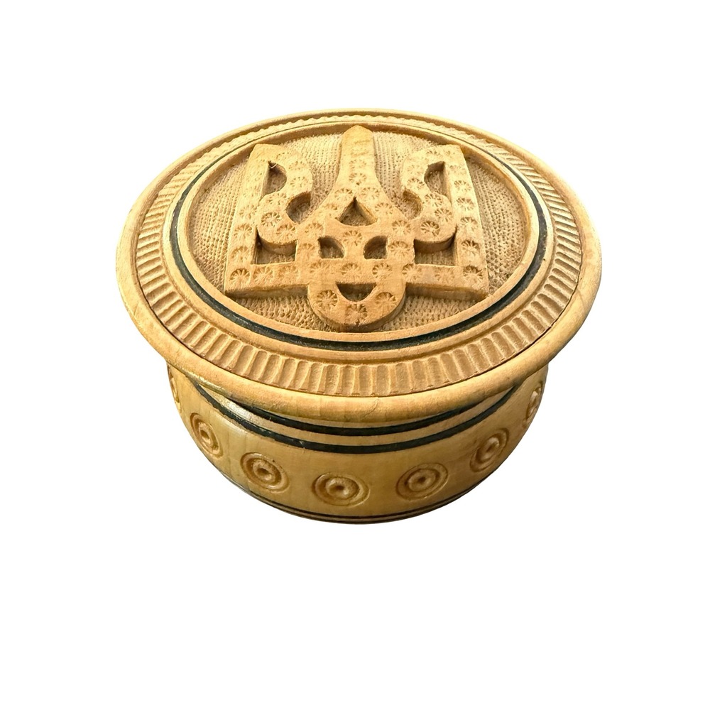 Handmade Wooden Trinket Box Ukrainian Coat of Arms Tryzub Chip-carved Folk Art